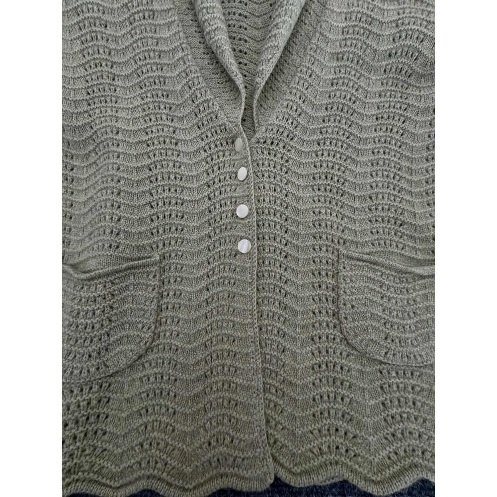 Marina Luna 100% Cashmere Cardigan Sweater Shawl Collar Sage Green Pointelle L - Picture 3 of 4